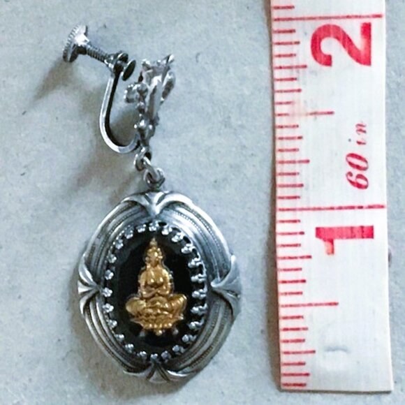 1950s Royal Crest Reverse Glass Cabochon Buddhist Deity Brooch and Earring Set - Picture 11 of 12